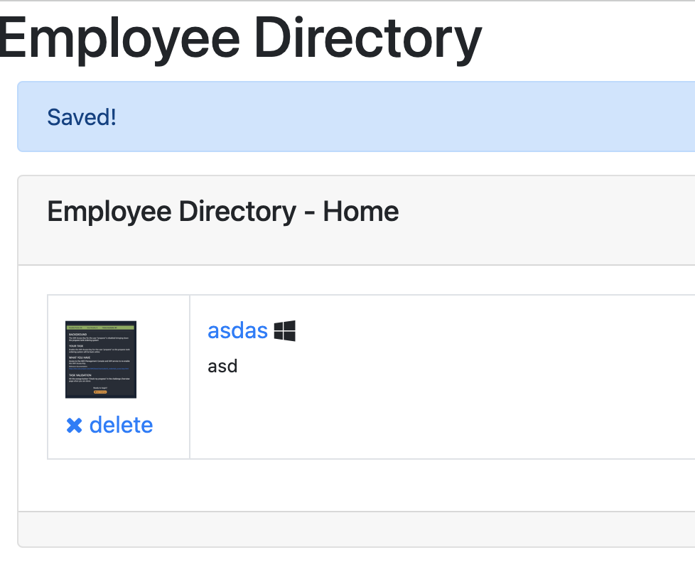 Screenshot of Employee Directory Application with fake employee saved