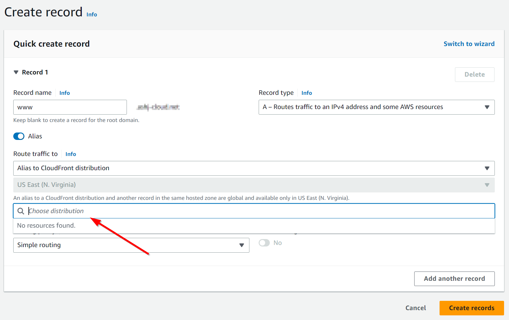 Create A record alias for CloudFront distribution