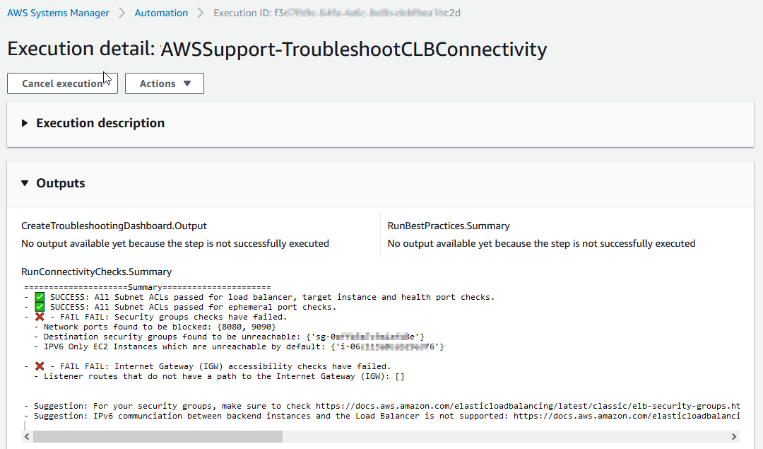 Execution detail: AWSSupport-TroubleshootCLBConnectivity