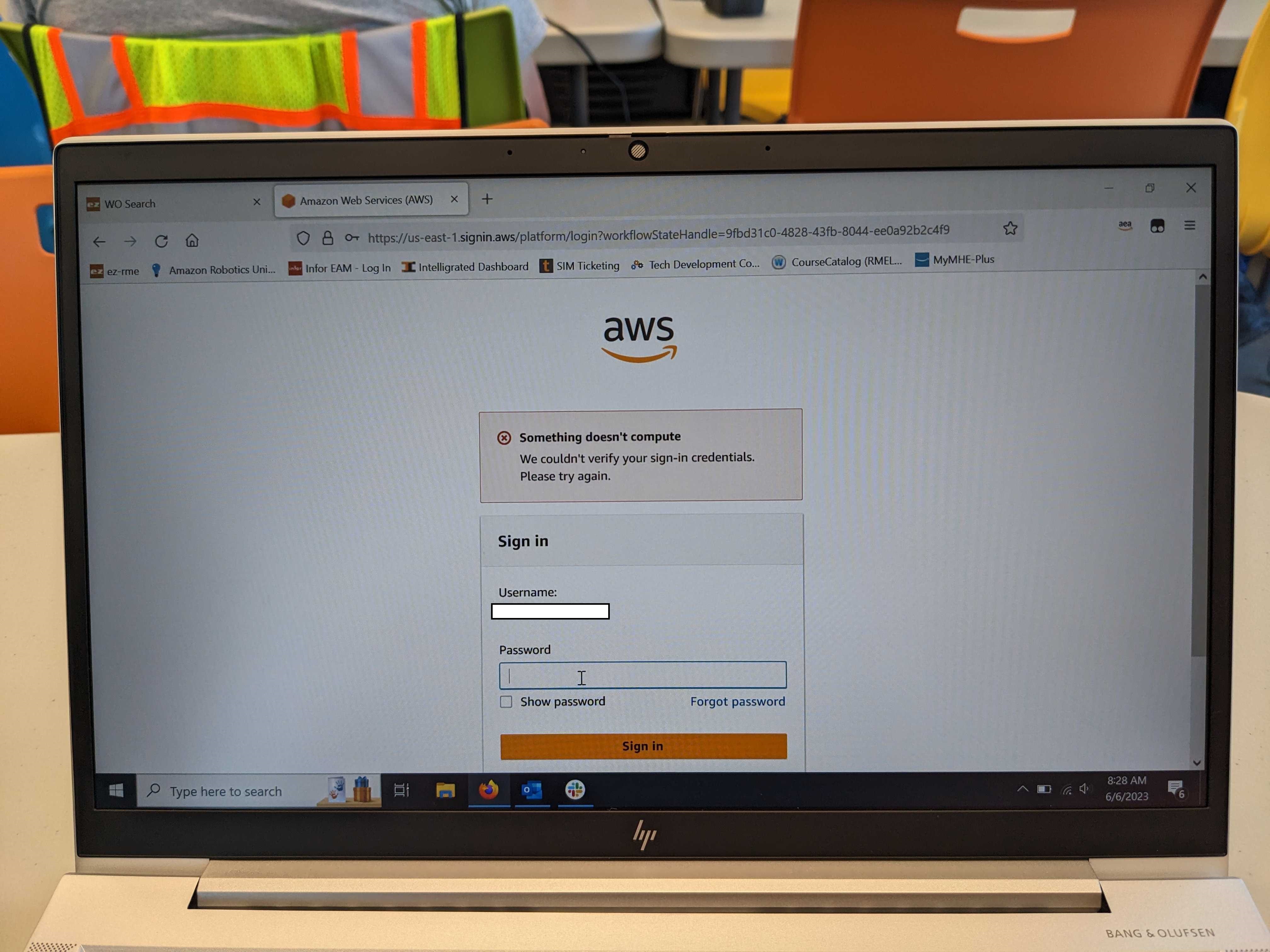 Tech was unable to get AWS sign in. This is the message they are getting