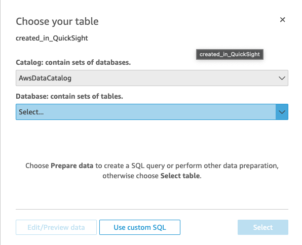 DataSource created in QuickSight can select tables
