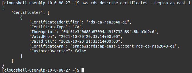 AWS CLI certificate result
