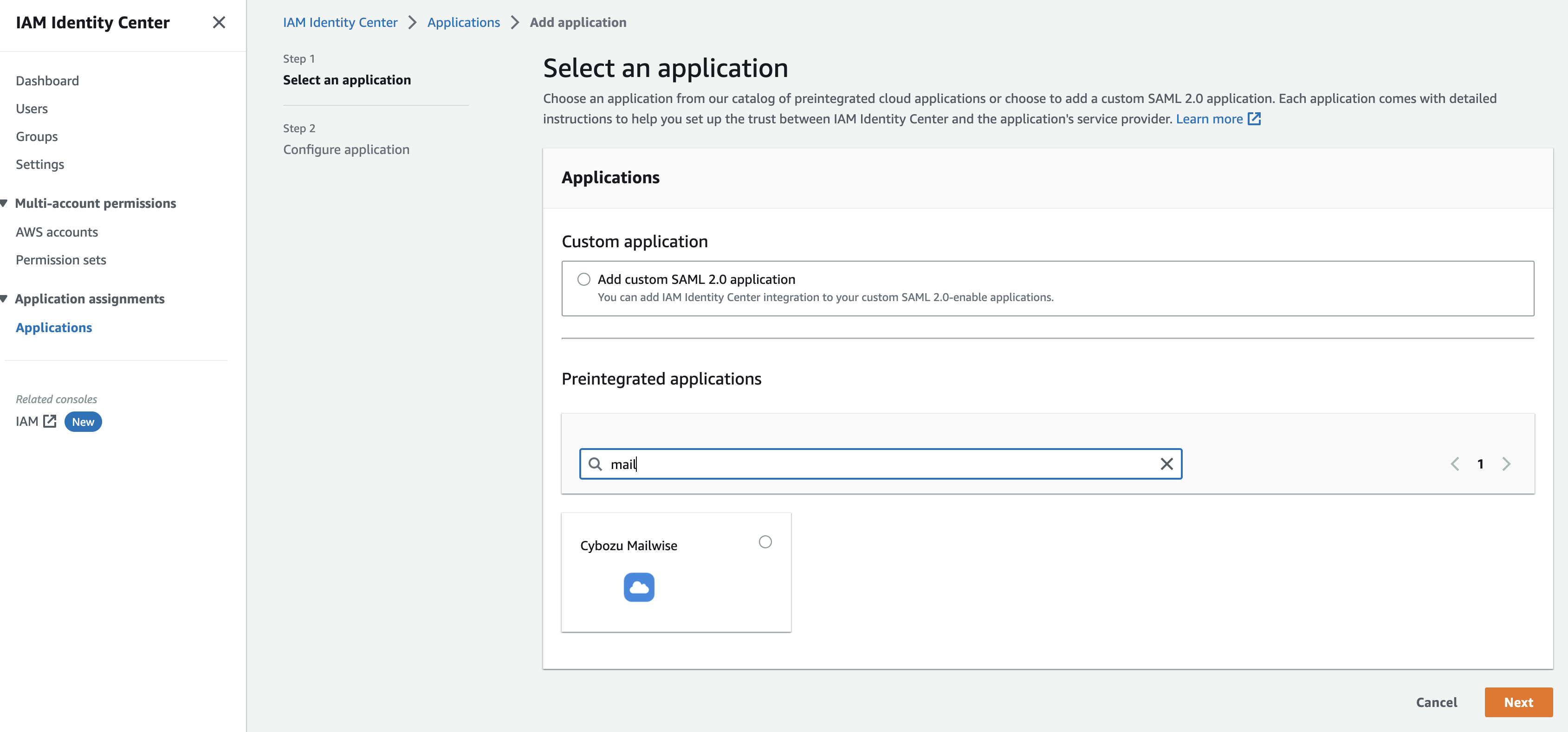 No AWS WorkMail integration in AWS Identity Center Applications
