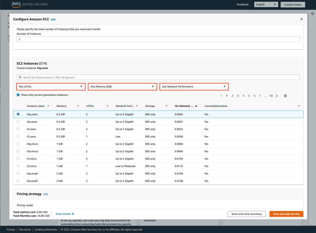 Figure 5. Sample view of configuring Amazon EC2 instances in the AWS Pricing Calculator