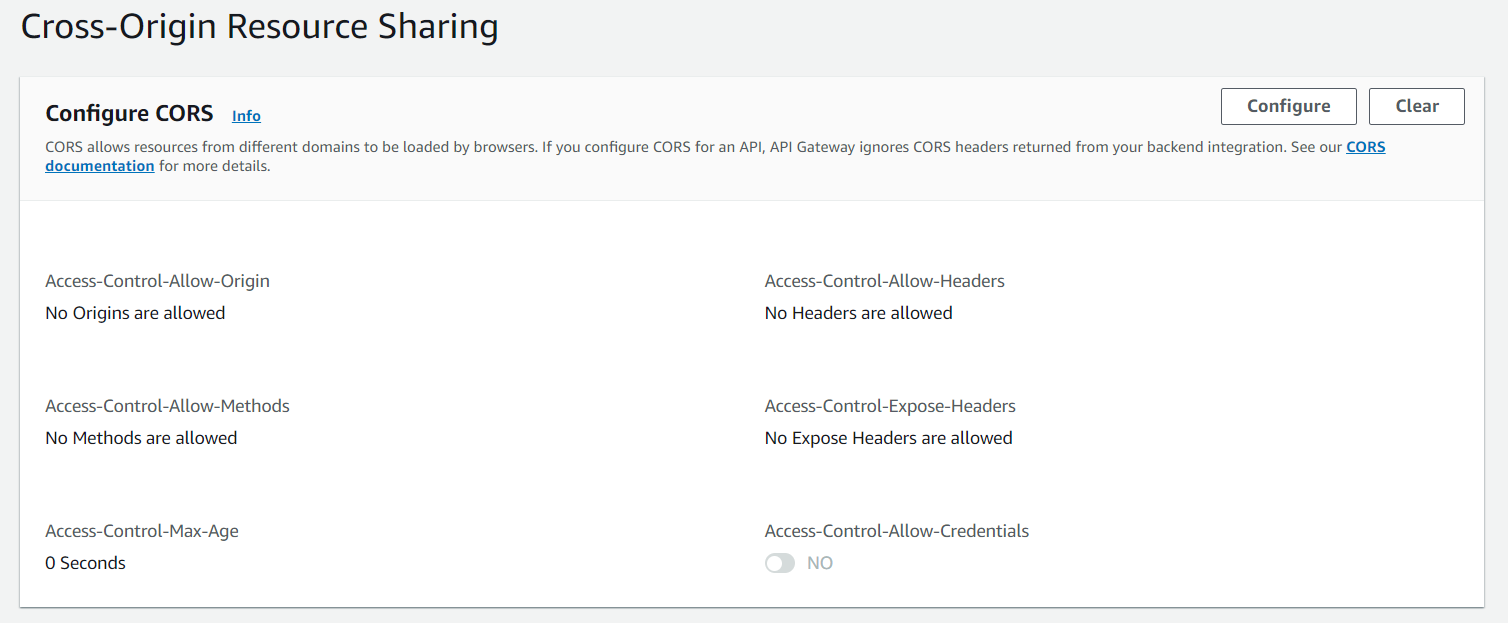 CORS screen from HTTP API Gateway section