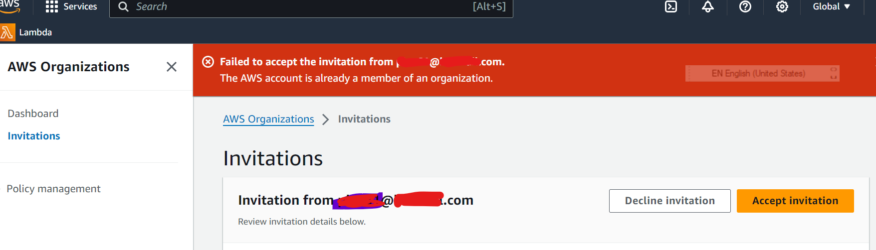 AWS Accept Invitation failed