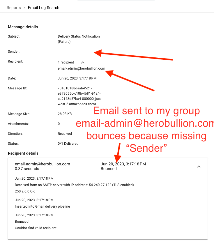 Google Email Log Search Shows Email Bounced