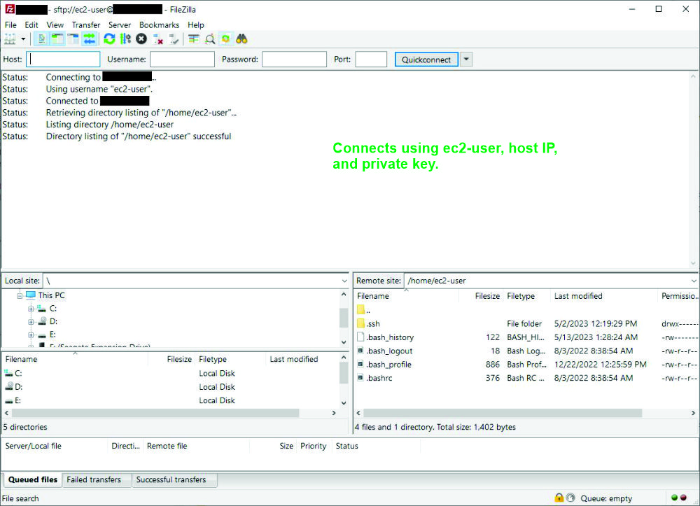 FileZilla logs onto server using ec2-user, static IP, and private key