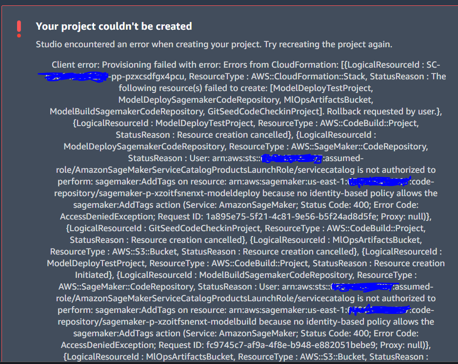 Studio encountered an error when creating your project