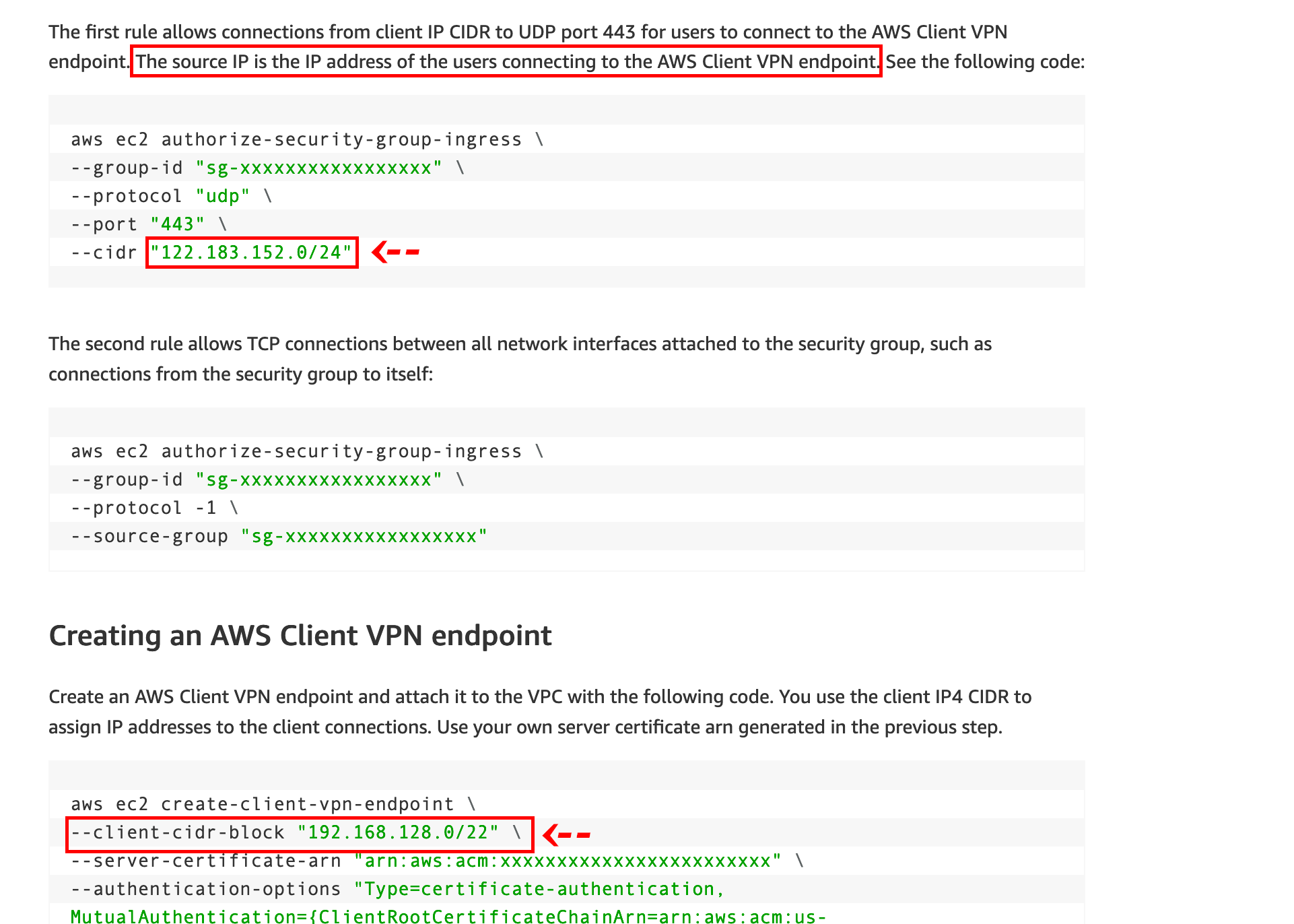 Screenshot from AWS guide highlighting IP mismatch