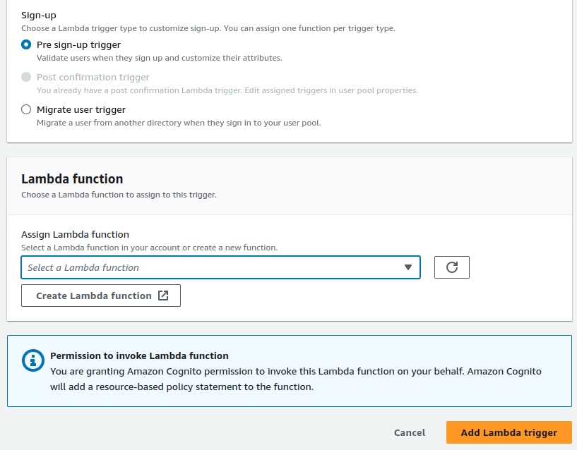Creating Lambda function from cognito