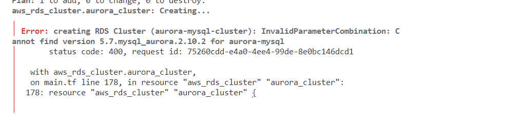 mysql can not find version error creating rds cluster using terraform