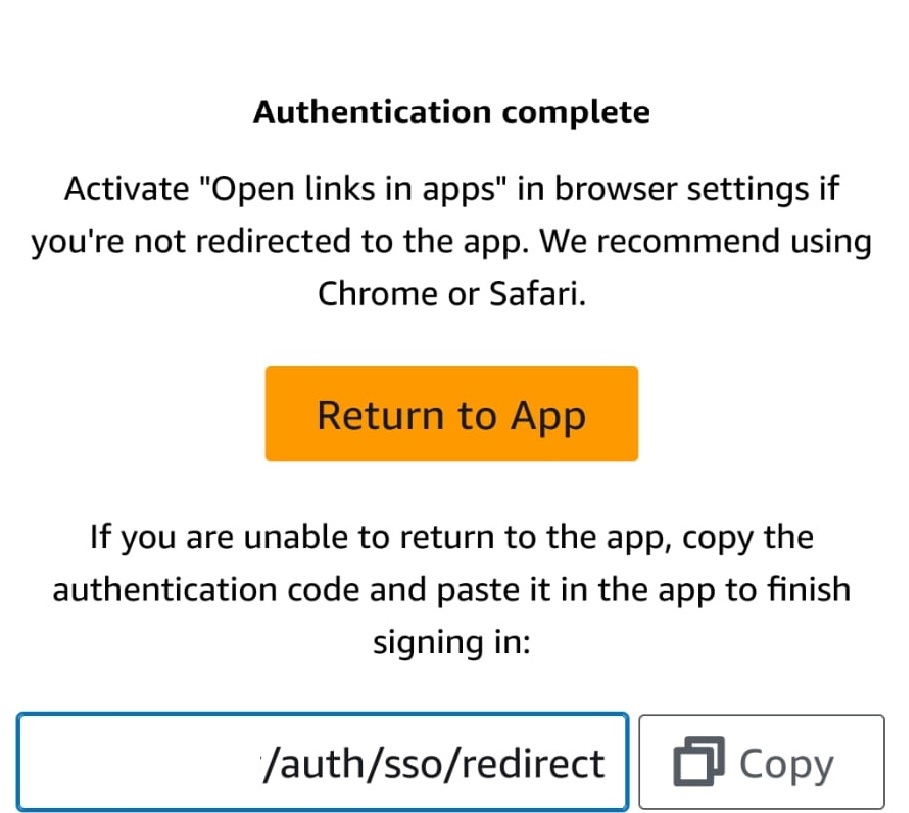Authentication complete with a "Return to app" button and a box allowing the user to copy the authentication code.