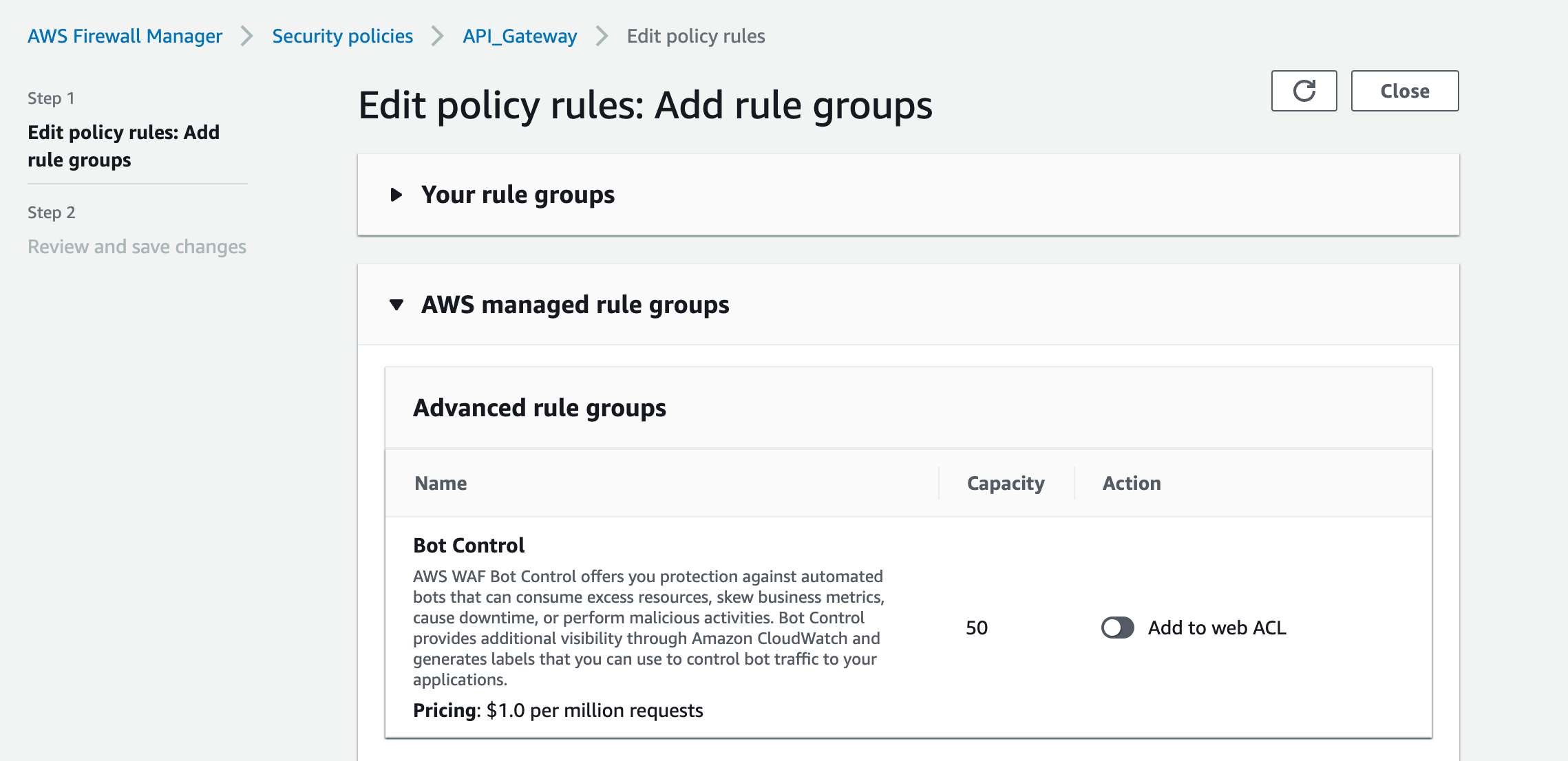 Screenshot of Firewall Manager console showing only Bot Control under advanced rule groups